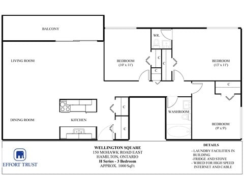 Floor plan for 3 beds, 1 bath, 1200 sqft